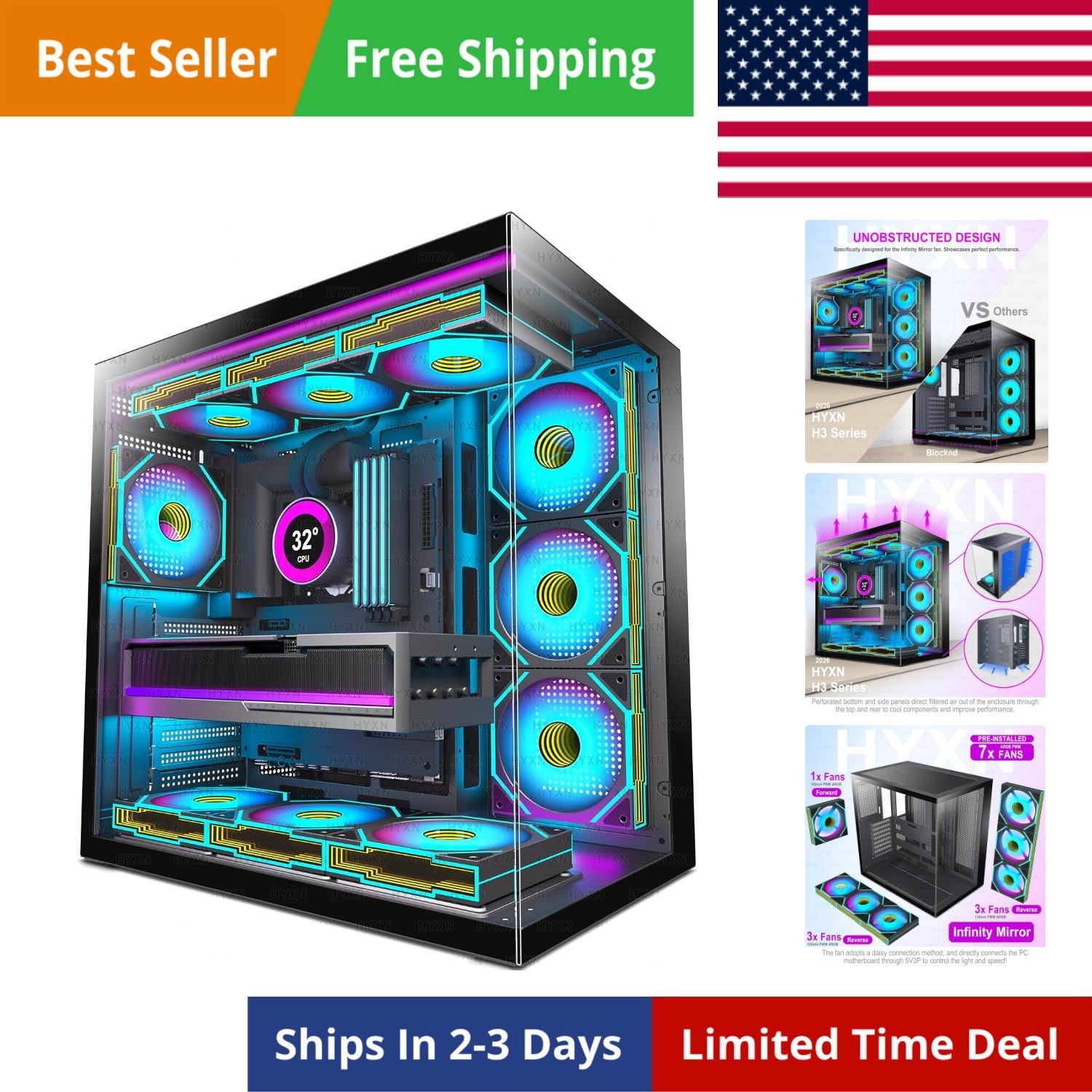 H1 PC Case, Pre-Installed 7 Infinity Mirror PWM ARGB Fans, ATX Mid Tower Comp...