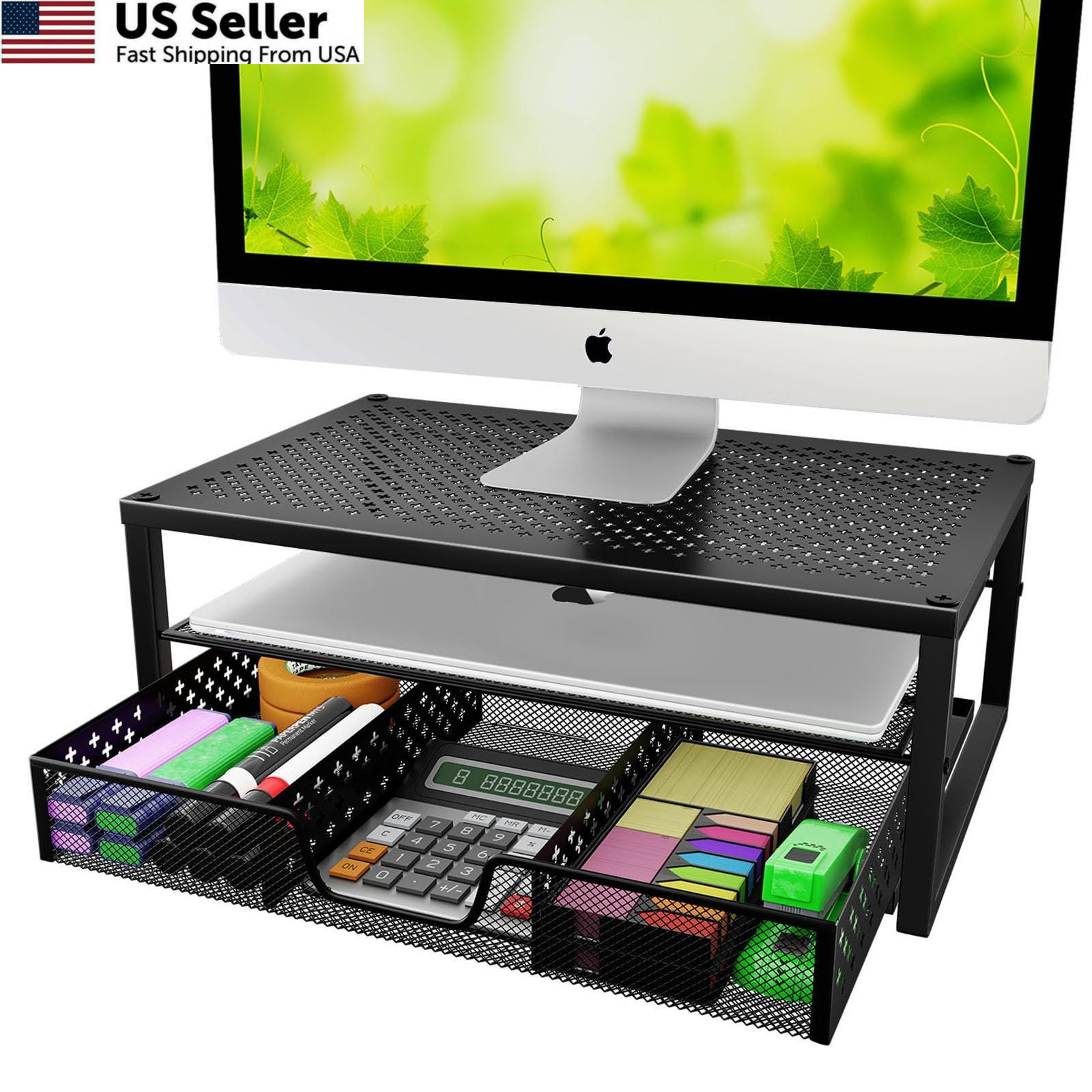 Simple Trending Metal Monitor Stand Riser and 16"W x 10"D x6.25"H, Black