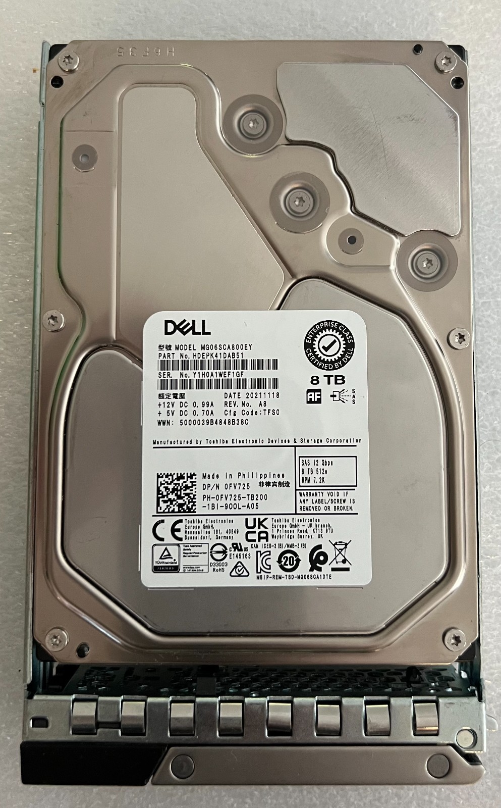 FV725 DELL TOSHIBA MG06SCA800EY 8TB 7.2K 12Gbps NL SAS 3.5 HDD 0FV725 R540 R740