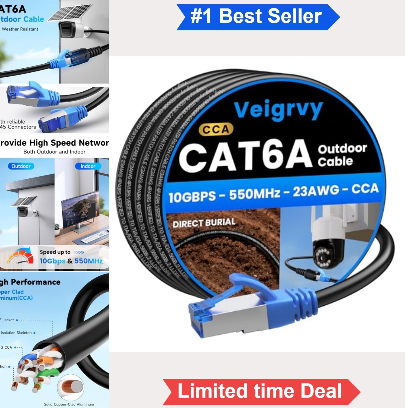 Cat6A Outdoor Ethernet Cable 100 ft Direct Burial Waterproof POE 23AWG 550MHz