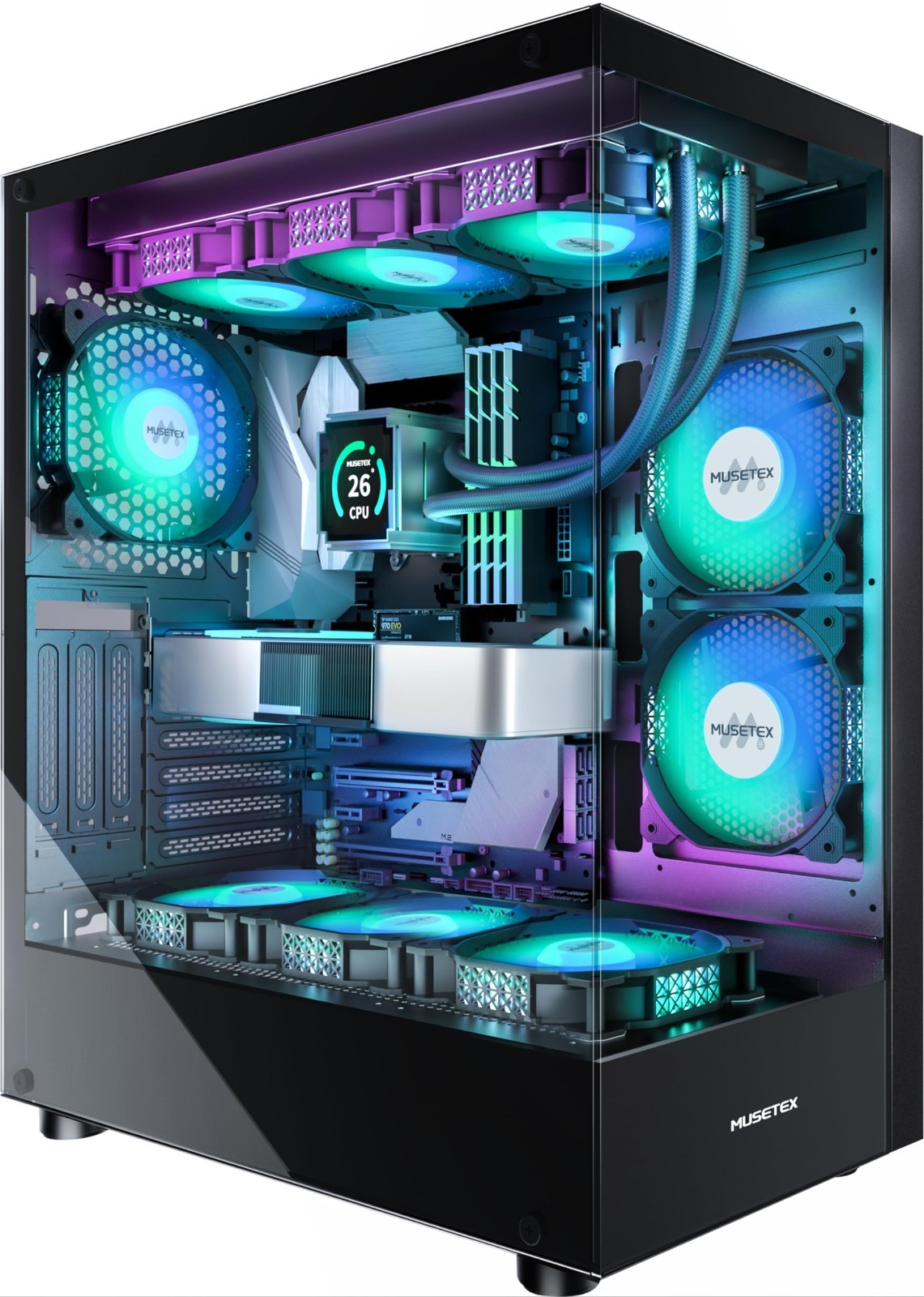K2 ATX Mid Tower PC Case, 6 PWM ARGB Fans, Dual Tempered Glass, USB-C