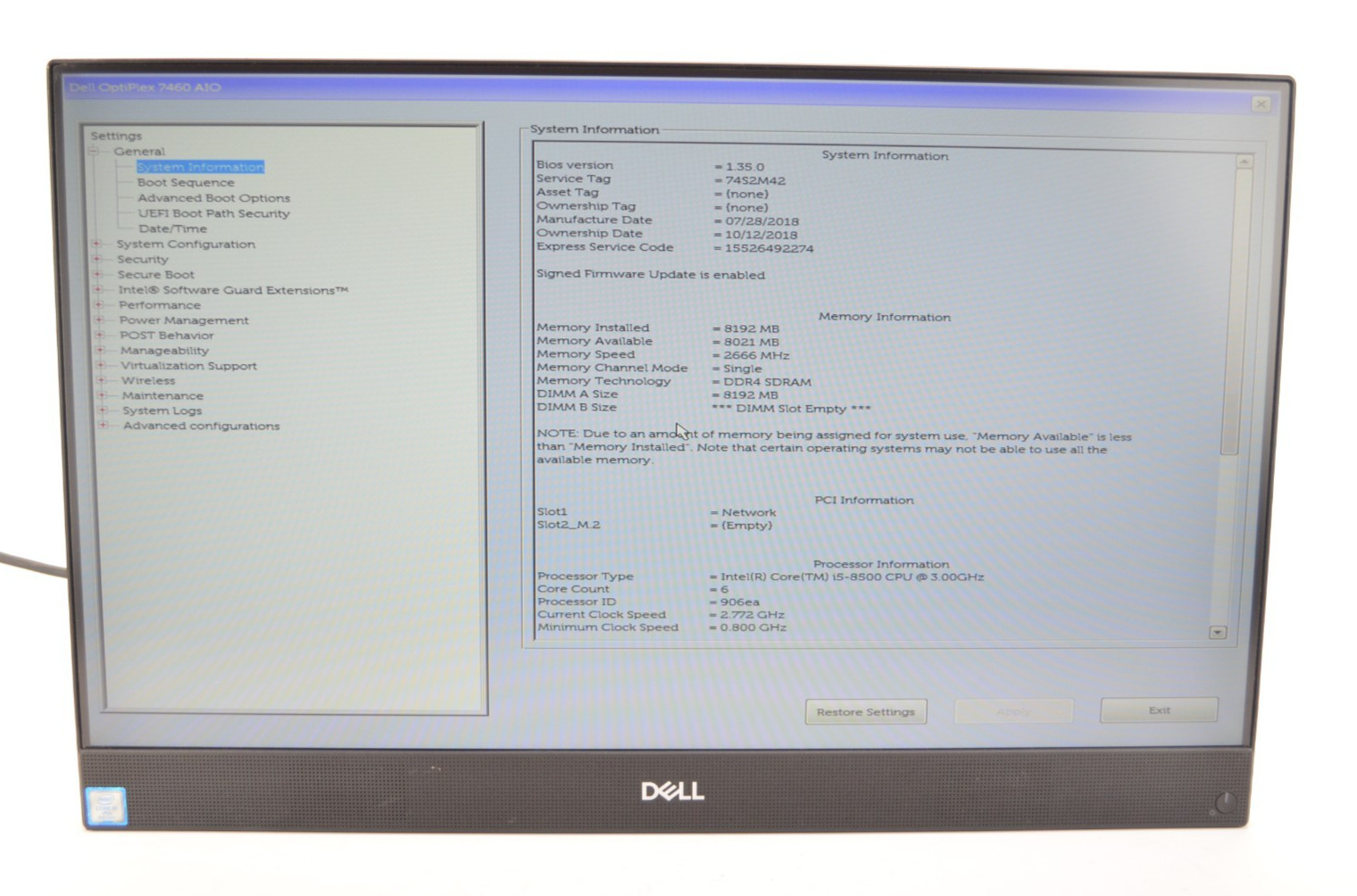 Dell OptiPlex 7460 23.8" FHD AIO Intel i5-8500  8GB Ram NO HDD/OS/STAND GRADE C
