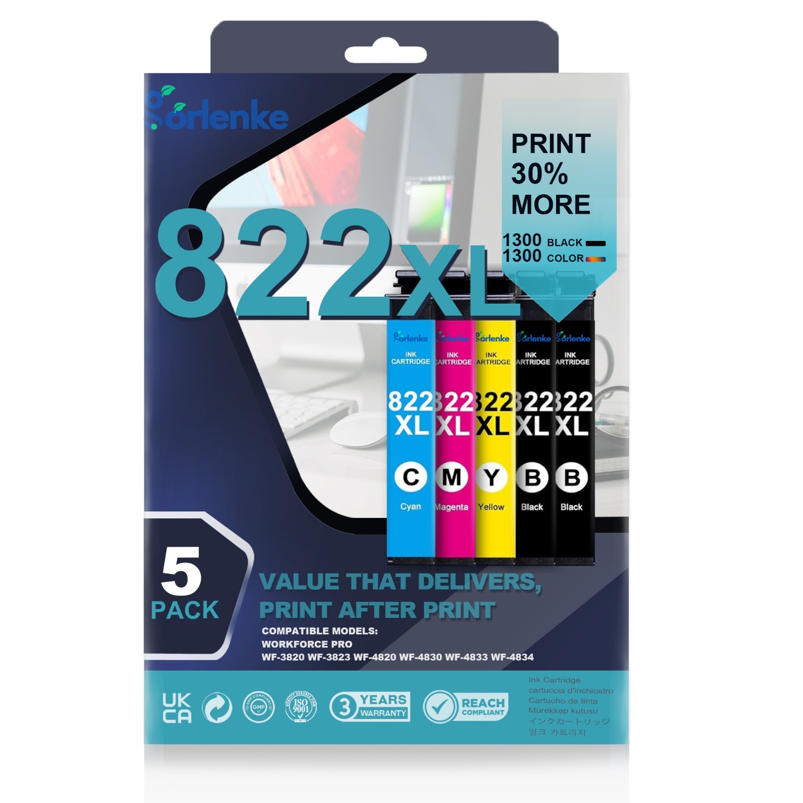 5PK 822XL Ink Cartridges For Epson WF-3820 WF-4820 WF-4833 WF-3823 WF-4830