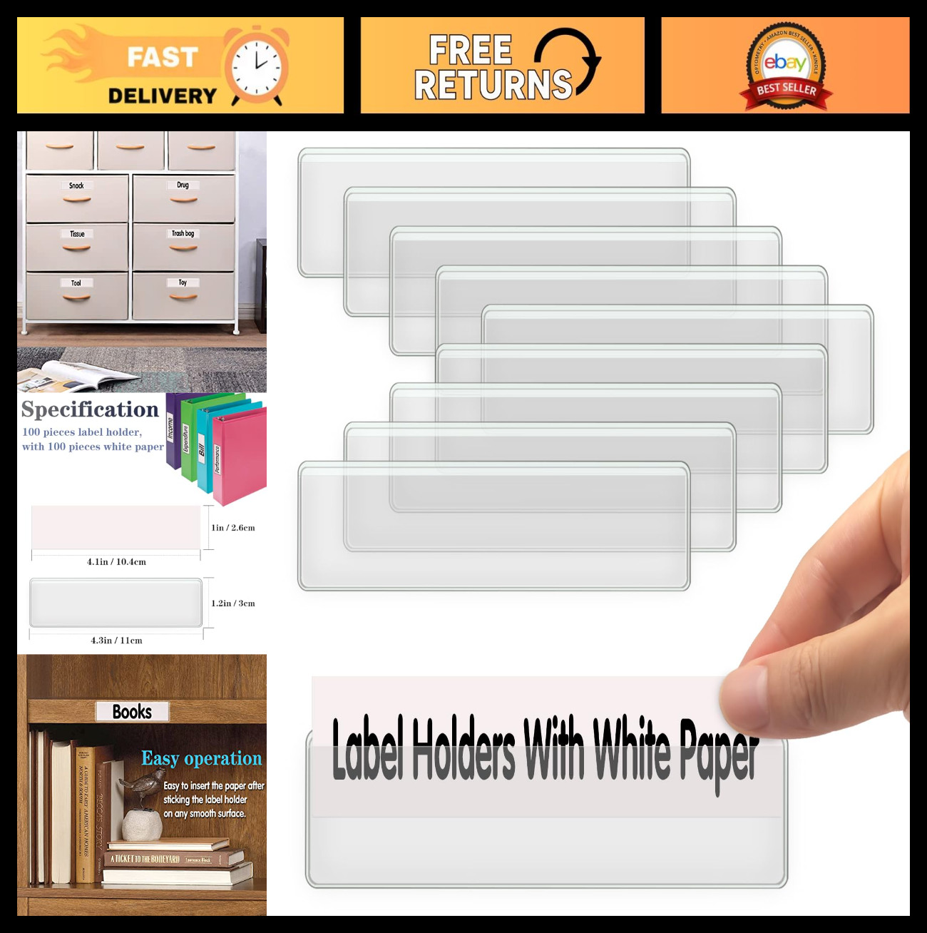 100 Pack Self-Adhesive Clear Label Holders for Shelves, Tags & Price Labels - 4.