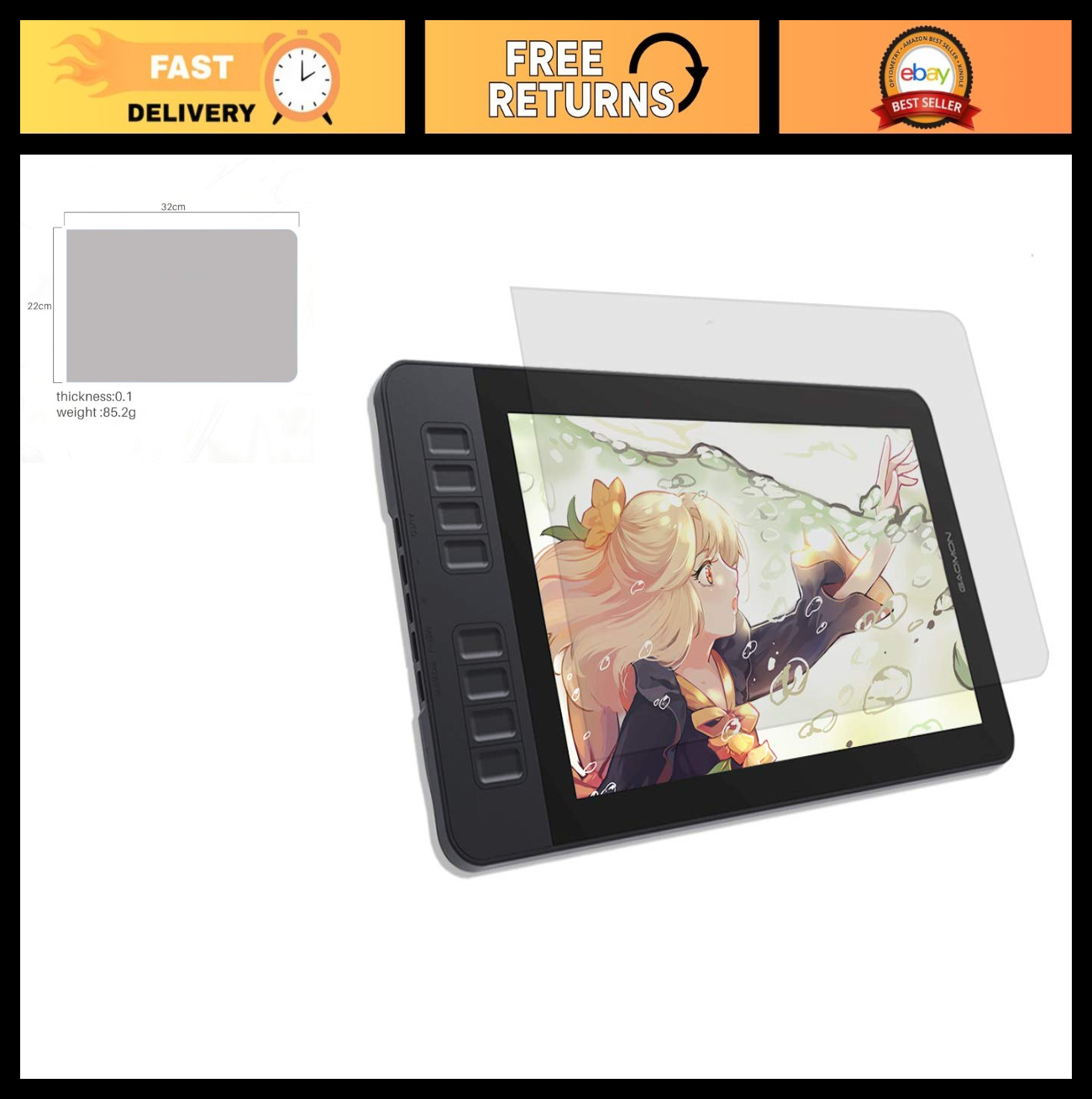 11.6" Graphics Pen Display Screen Protector for PD1161 - Anti-Glare, Scratch-Res