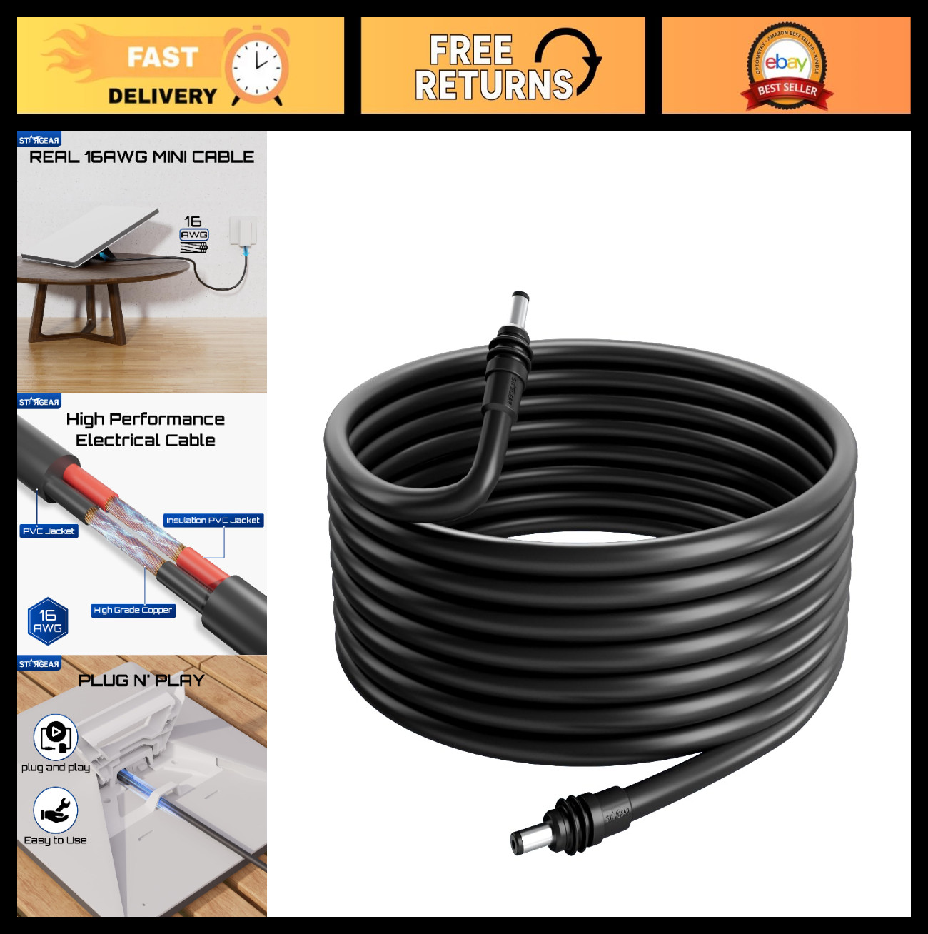 16.4FT Waterproof DC Power Cable for Starlink Mini, 16AWG Charging Cord, Outdoor