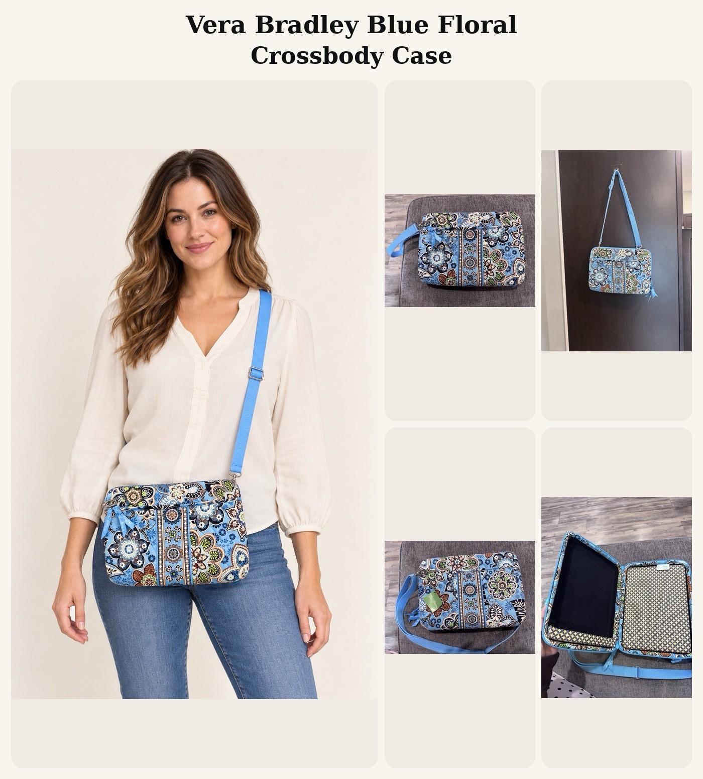 Vera Bradley Blue Floral Fabric Crossbody Tablet Case Zipper Adjustable Strap