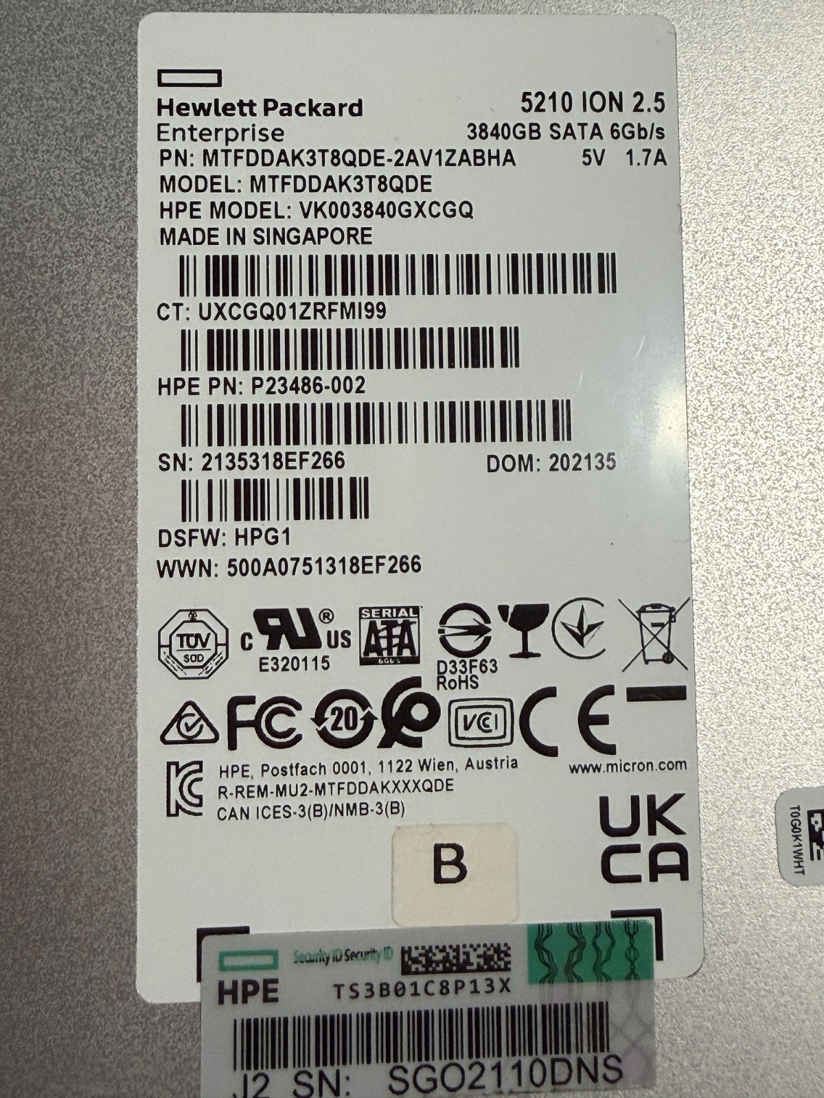 HP Micron MTFDDAK3T8QDE 3.84TB SSD 5210 ION 2.5" SATA ••••NEVER DEPLOYED••••