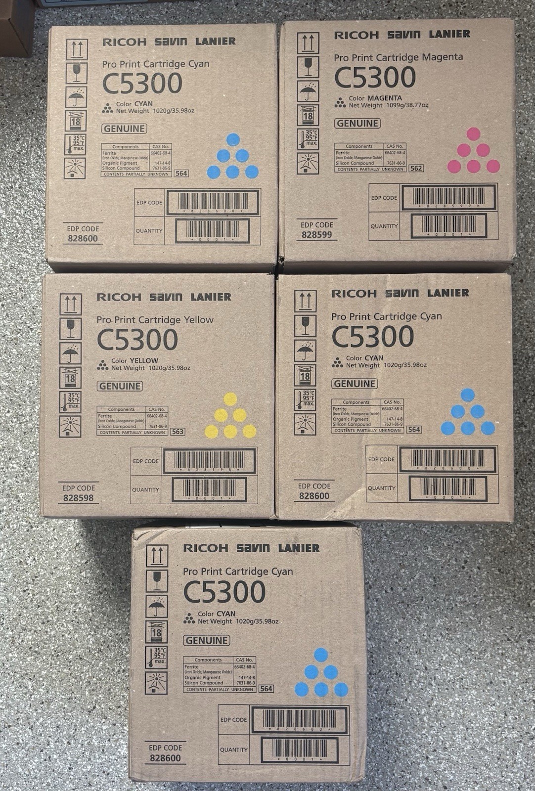 Lot of 5 Ricoh Pro C5300s 3-C 1-M 1-Y Toners Genuine OEM 828598 828599 828600