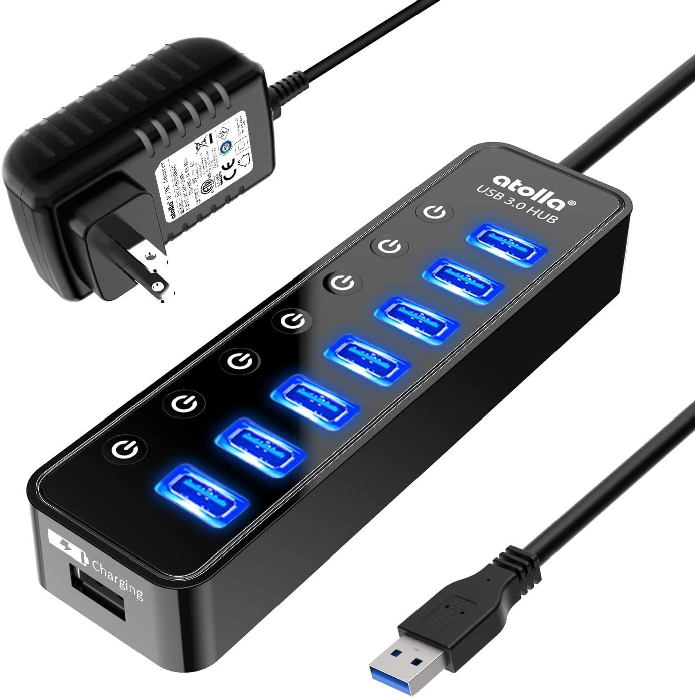 8-Port Powered USB 3.0 Hub with Smart Charging Port USB 3.0 Data Hub Splitter