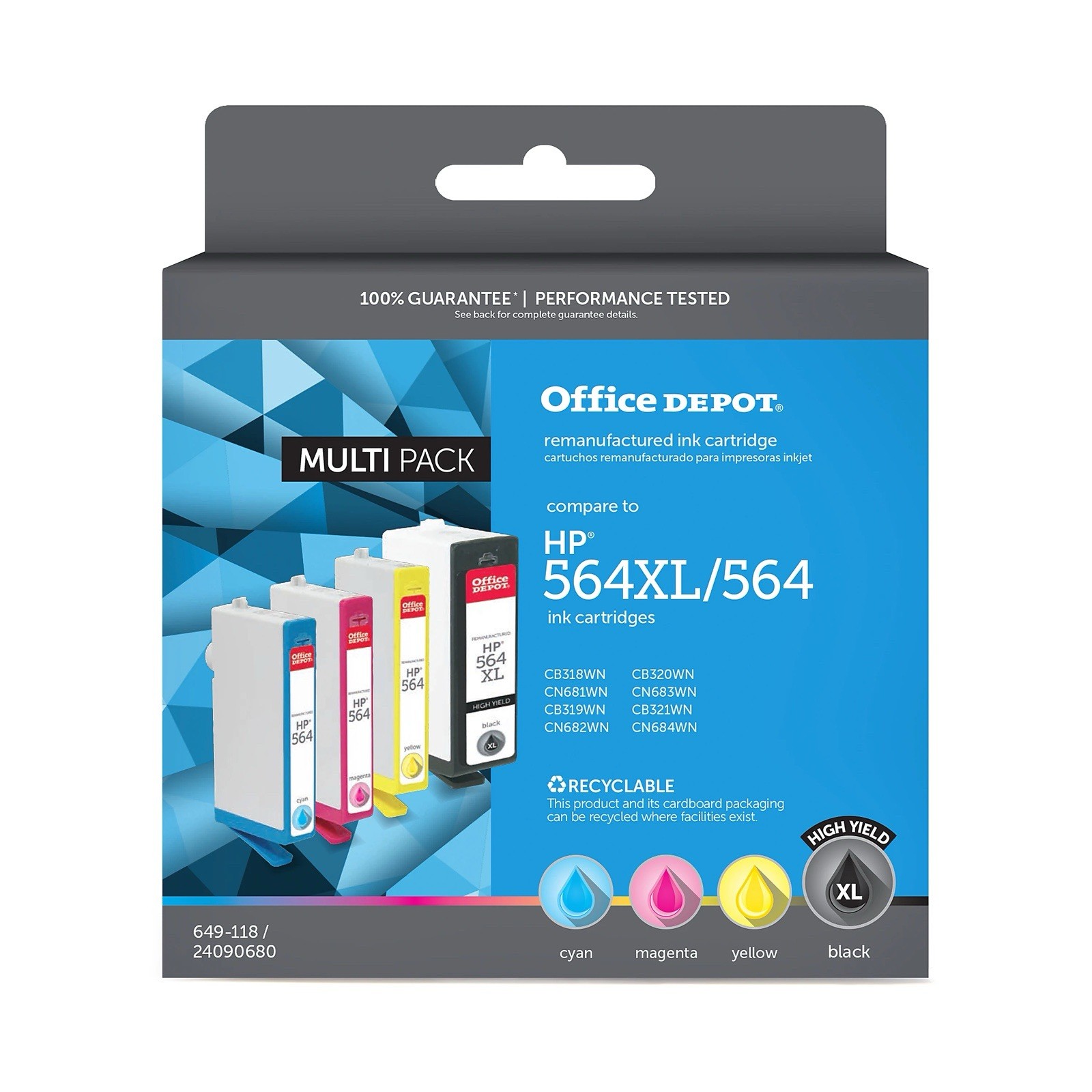 Office Depot Reman Ink, Compare To HP 564XL/564, Multi Pack (C/M/Y & Black)