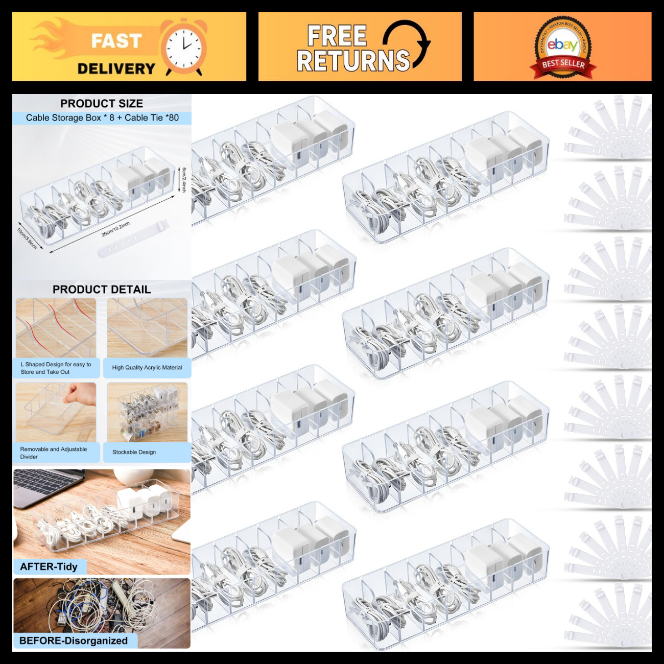 8 Pcs Cable Organizer with 80 Wire Ties, Cord Storage Box for Home Office, Clear