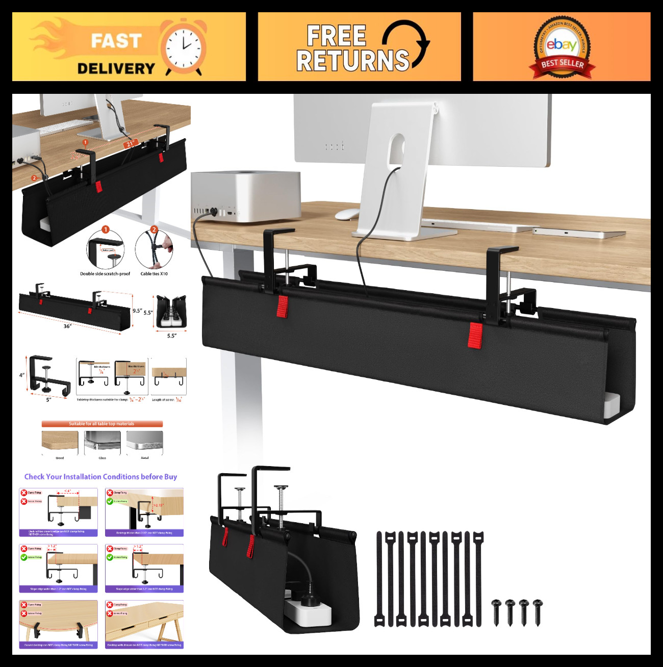 No Drill Under Desk Cable Management Tray, 36" Cord Organizer for Home & Office