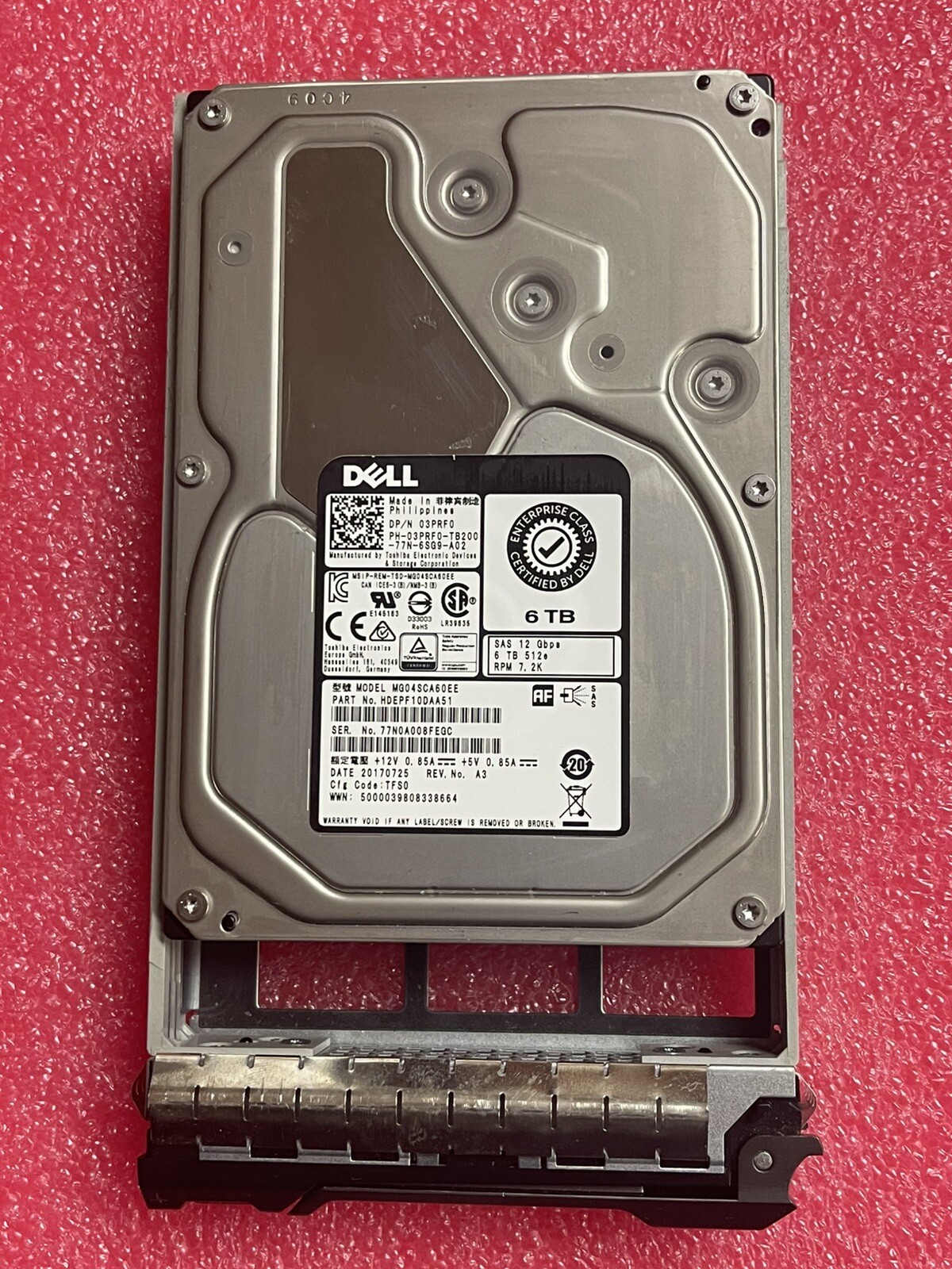 3PRF0 DELL 6TB 03PRF0 7.2K SAS 3.5" 12Gb/s HDD for Server With Dell Caddy Tray