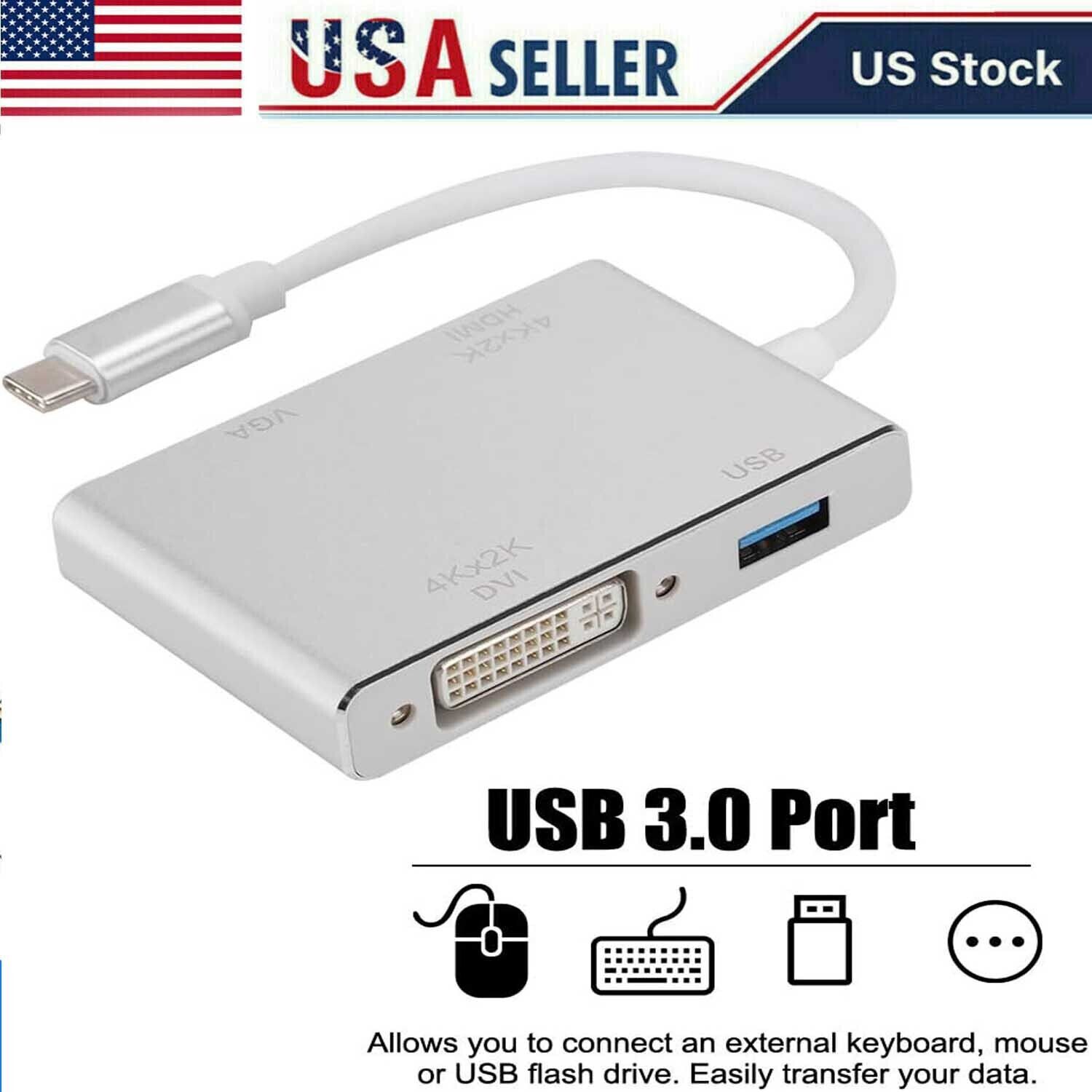 USB 3.1 Type-C To DVI HDMI VGA Display Adapter USB-C Cable Laptop Charging Hub