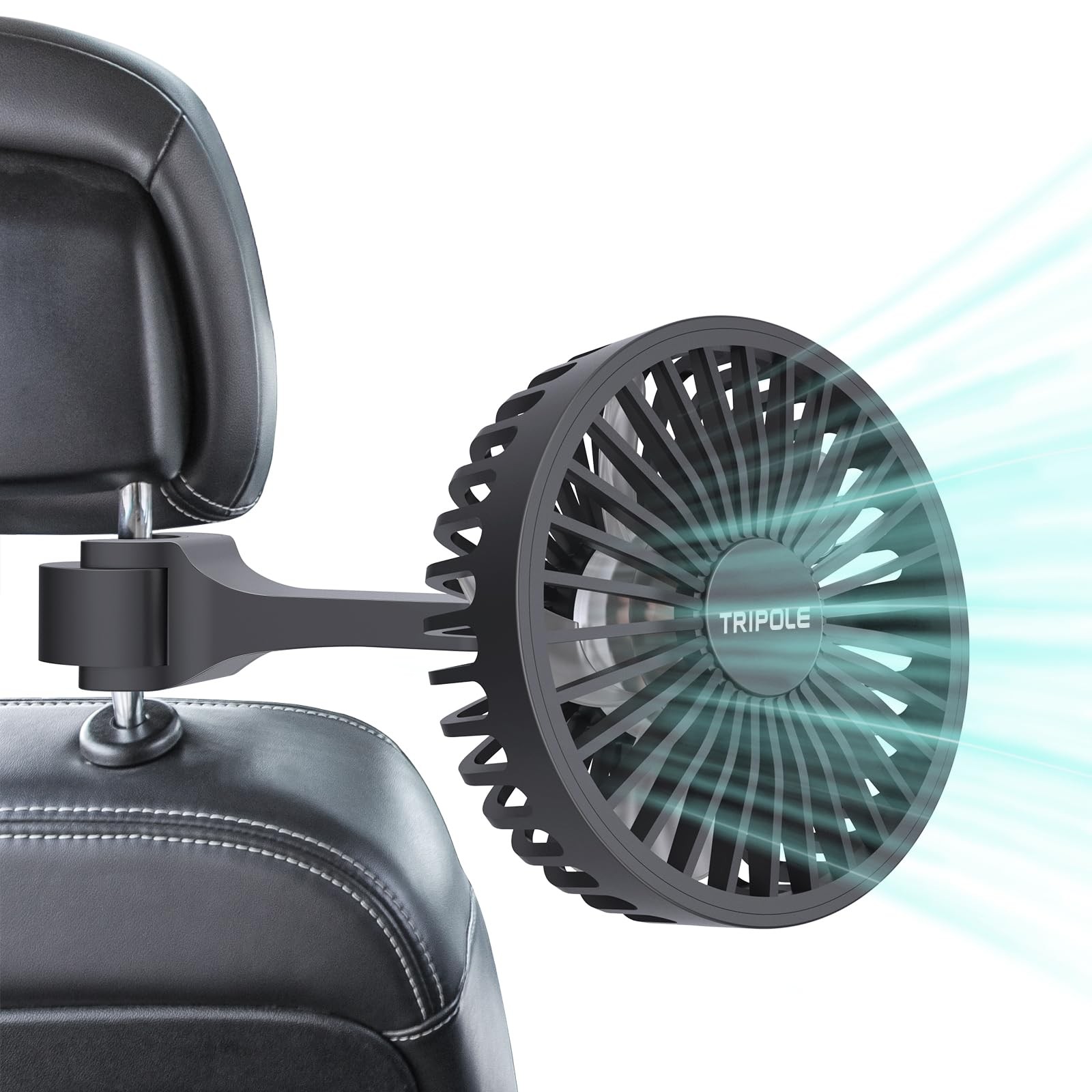 TriPole Car Fan for Rear Seat USB Powered Powerful 3 Speed 5V Fans Black