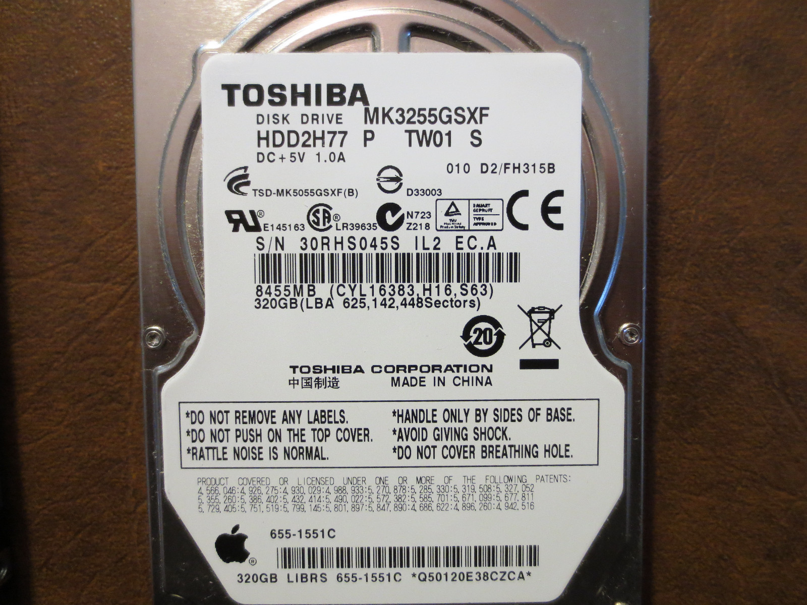 Toshiba MK3255GSXF (HDD2H77 P TW01 S) 010 D2/FH315B Apple#655-1551C 320gb Sata