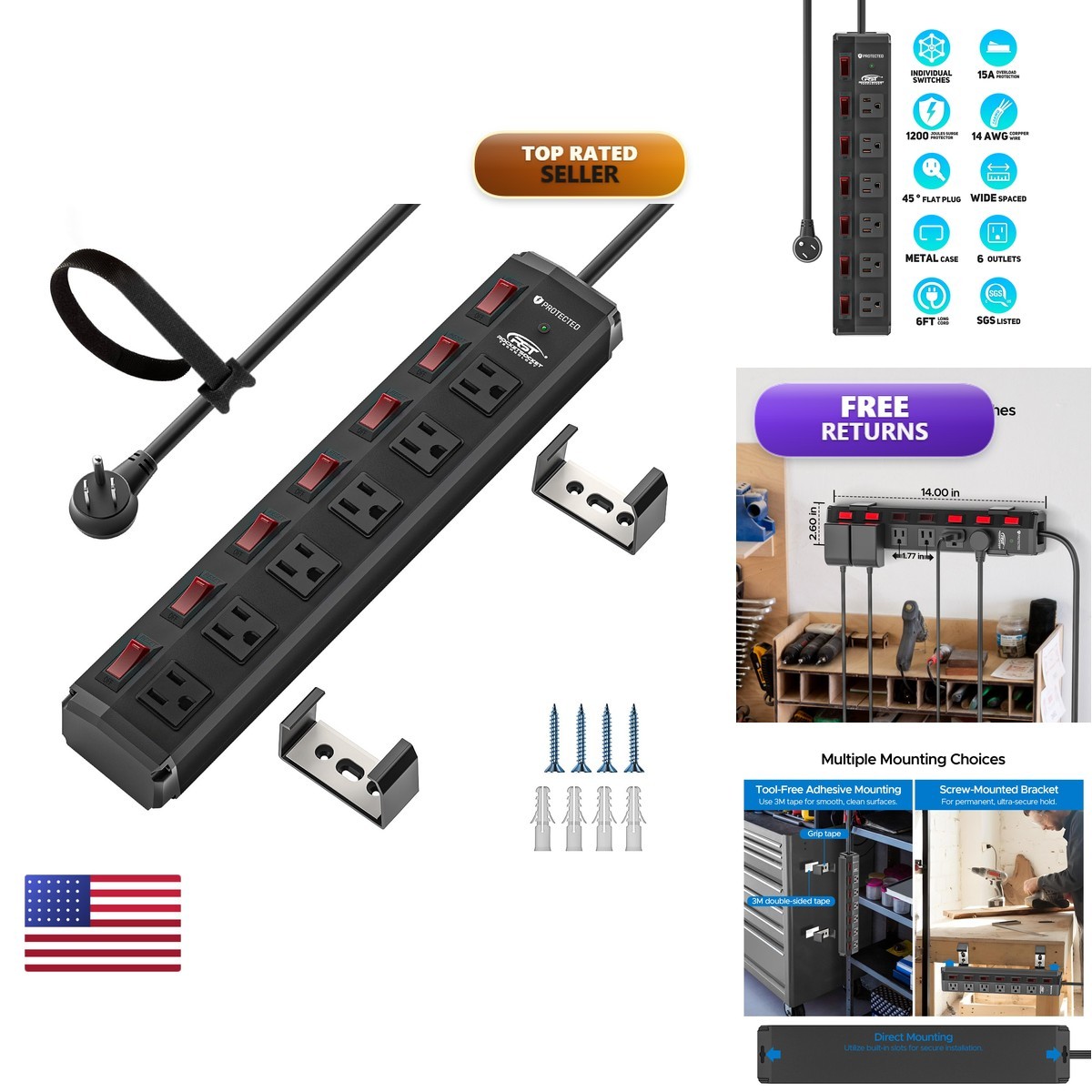 Crst 6 Outlet Metal Power Strip Individual Switches Mountable Surge Protector