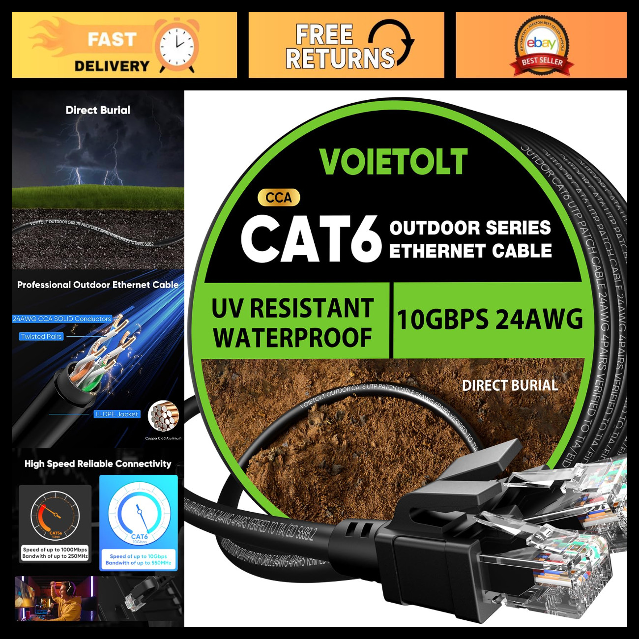 60ft Cat 6 Outdoor Ethernet Cable, 10Gbps Waterproof Direct Burial, UV Jacket, P