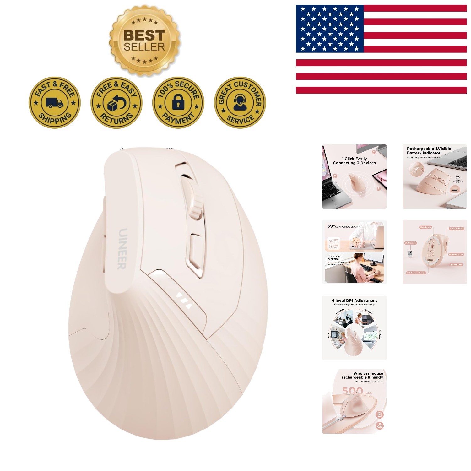 Bluetooth Vertical Mouse - Ergonomic and Stylish Pink Design for Reduced Strain