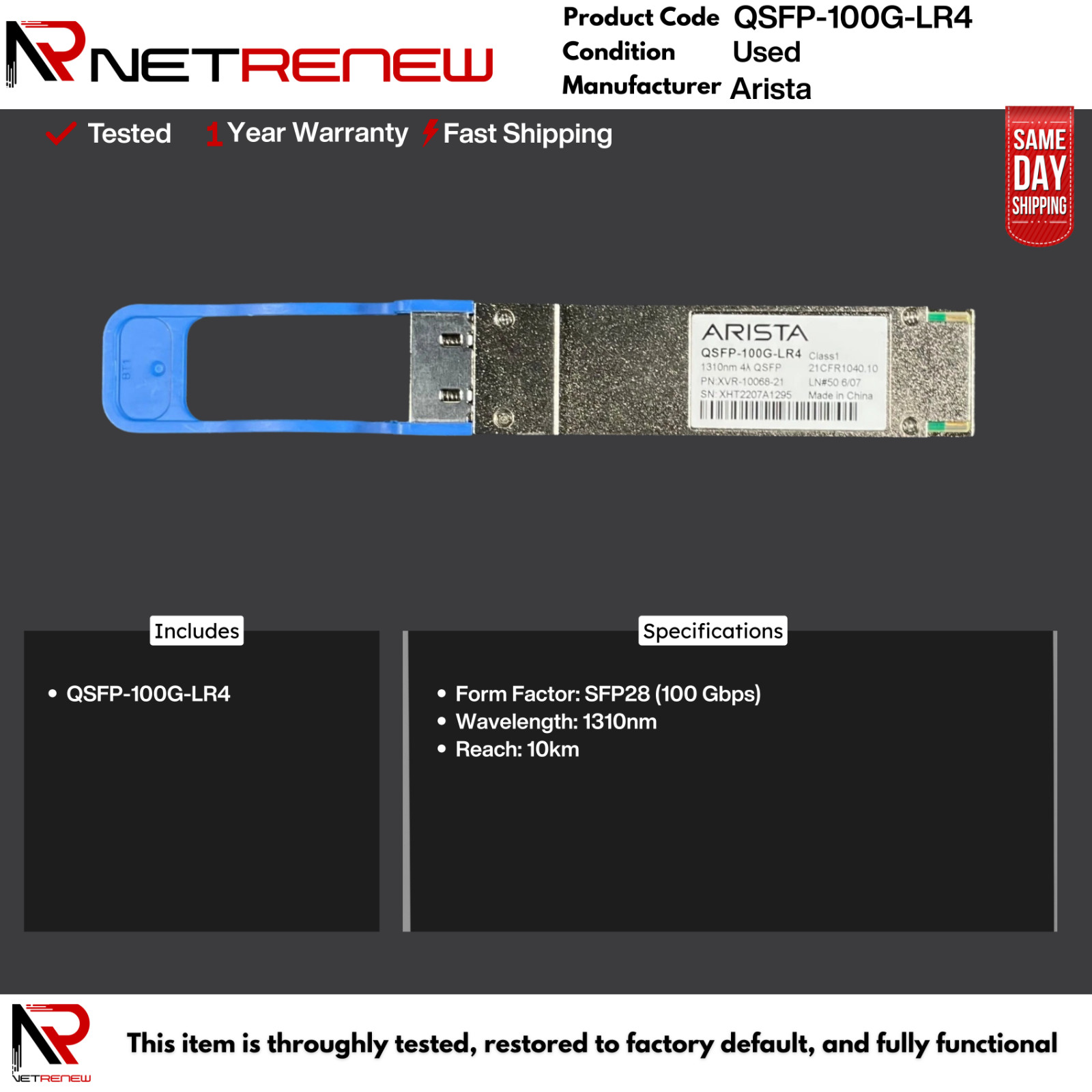 QSFP-100G-LR4  Arista XVR-10068-21 100GBASE-LR4 1310nm 10km QSFP Module