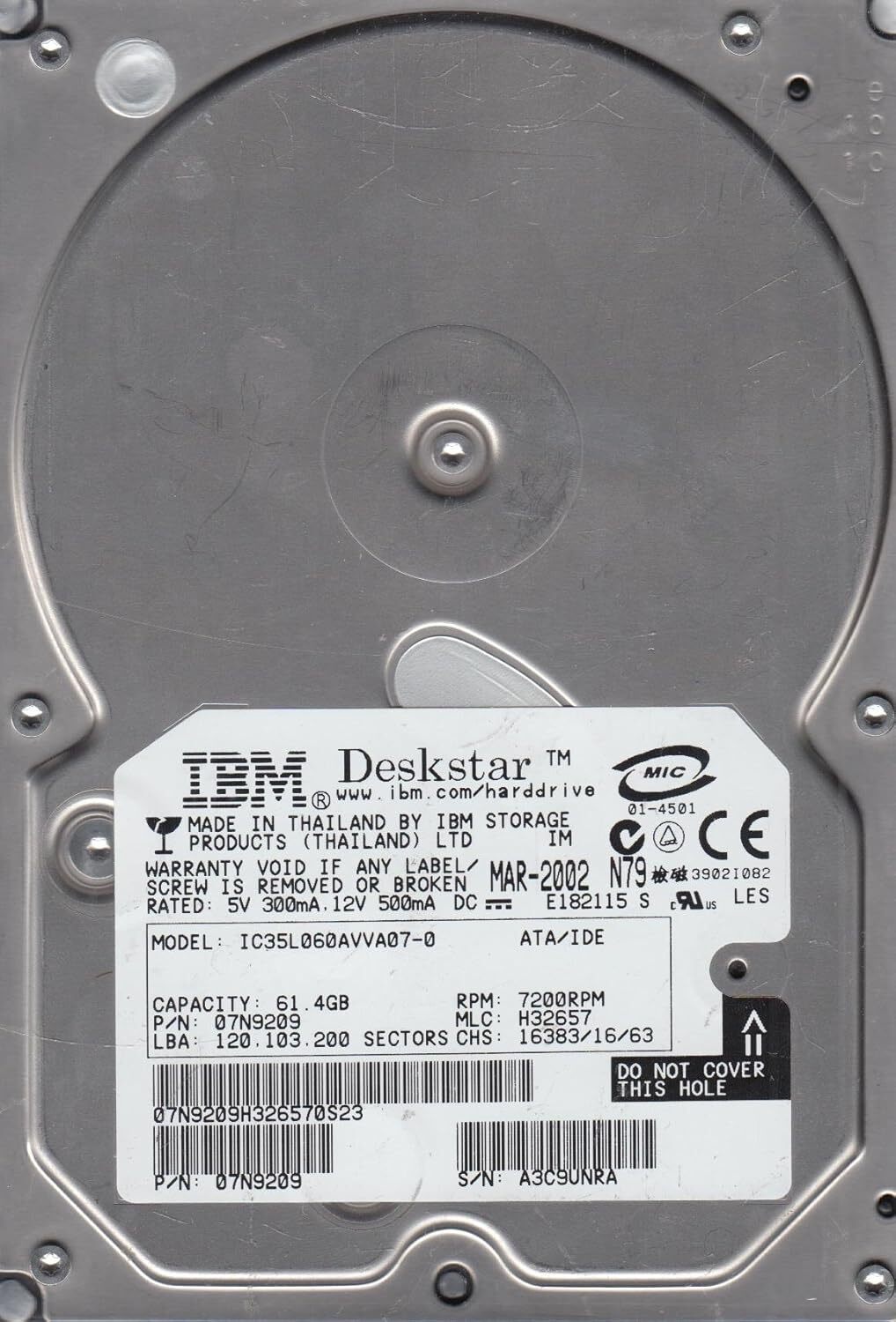 IBM 61.4GB IDE 3.5 Hard Drive IC35L060AVVA07-0, PN 07N9209, MLC H32657