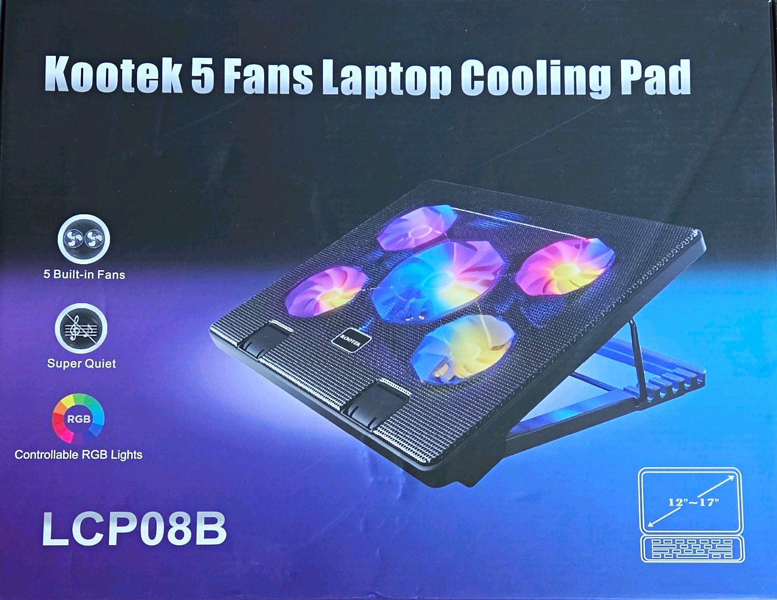Laptop Cooling Pad 5 Fans RGB USB-Powered Adjustable Stand 12-16" LCP08B