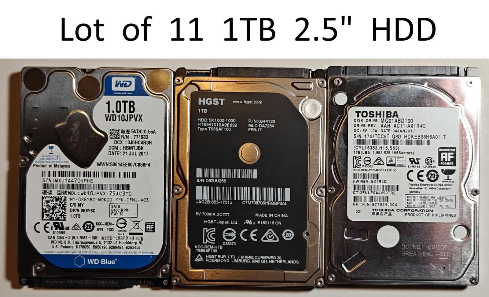 (Lot of 11) SATA HDD Hard Drive 1TB 2.5" HGST Toshiba WD and more