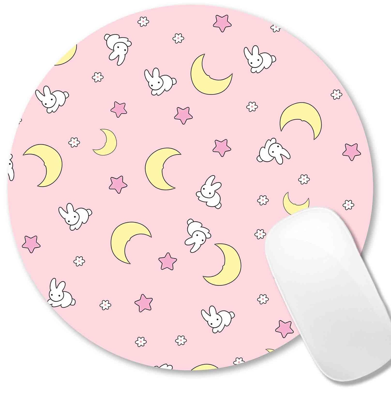 IMAYONDIA Pink Kawaii Round Mouse Pad, Cute Moon Small, Pastel Bunny