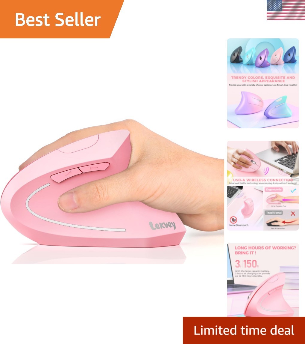 Sleek Pink Vertical Mouse - Ergonomic Design, Rechargeable, Quiet Operation