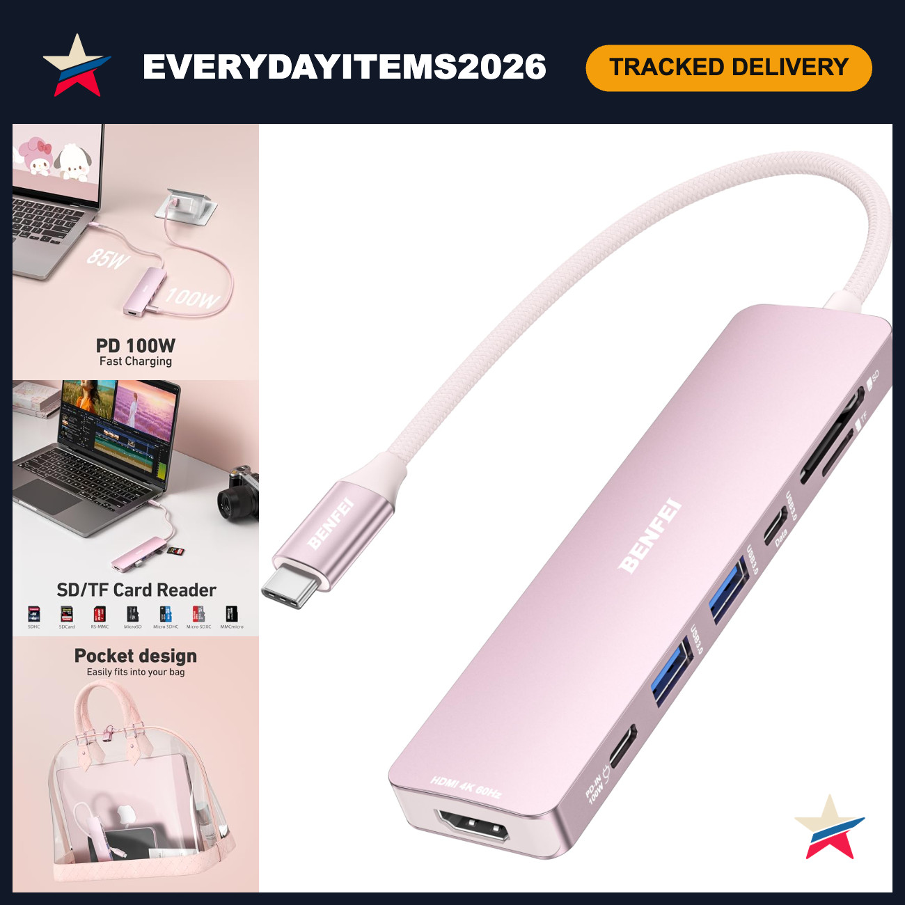 7-in-1 USB C Hub HDMI 4K, 2 USB-A, USB-C Data, 100W Charging, SD/TF Reader, Tang