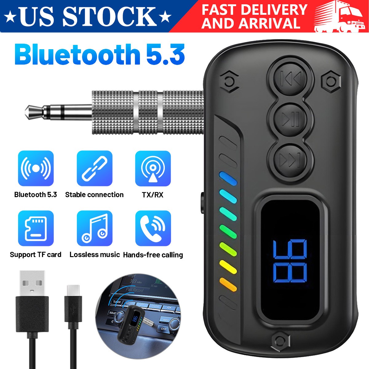 New Bluetooth5.3 Car AUX Audio Adapter Wireless Transmitter Receiver for Home TV