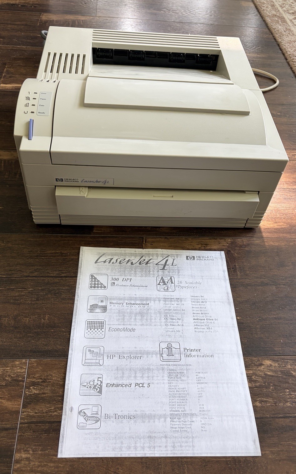 Vintage HP Laser Jet 4L Printer 1994 Complete with Power/Data Cords And Ink