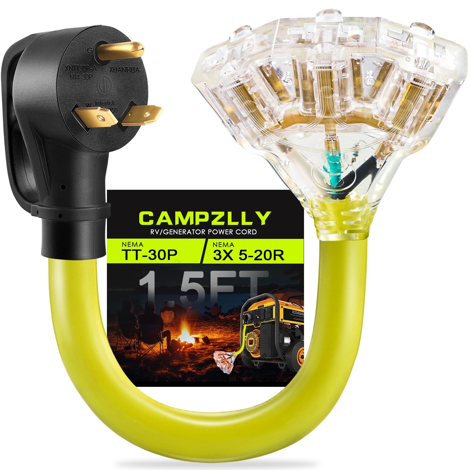 Campzlly 30 Amp to 110 Adapter RV Cord, 30 Amp to 20 Amp Adapter, NEMA TT-30P