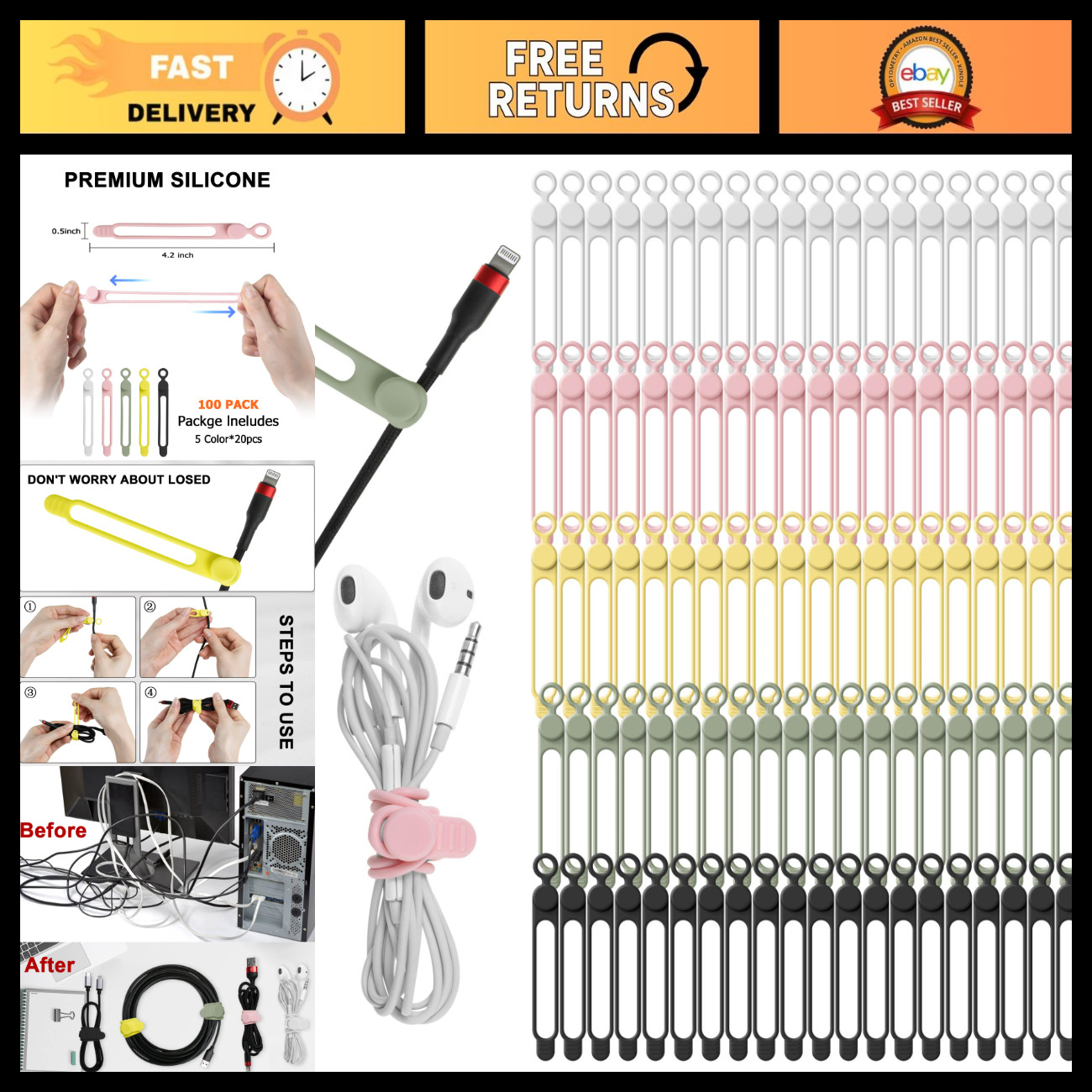 100Pcs Silicone Cable Ties - Flexible Cord Organizer for Effective Cable Managem