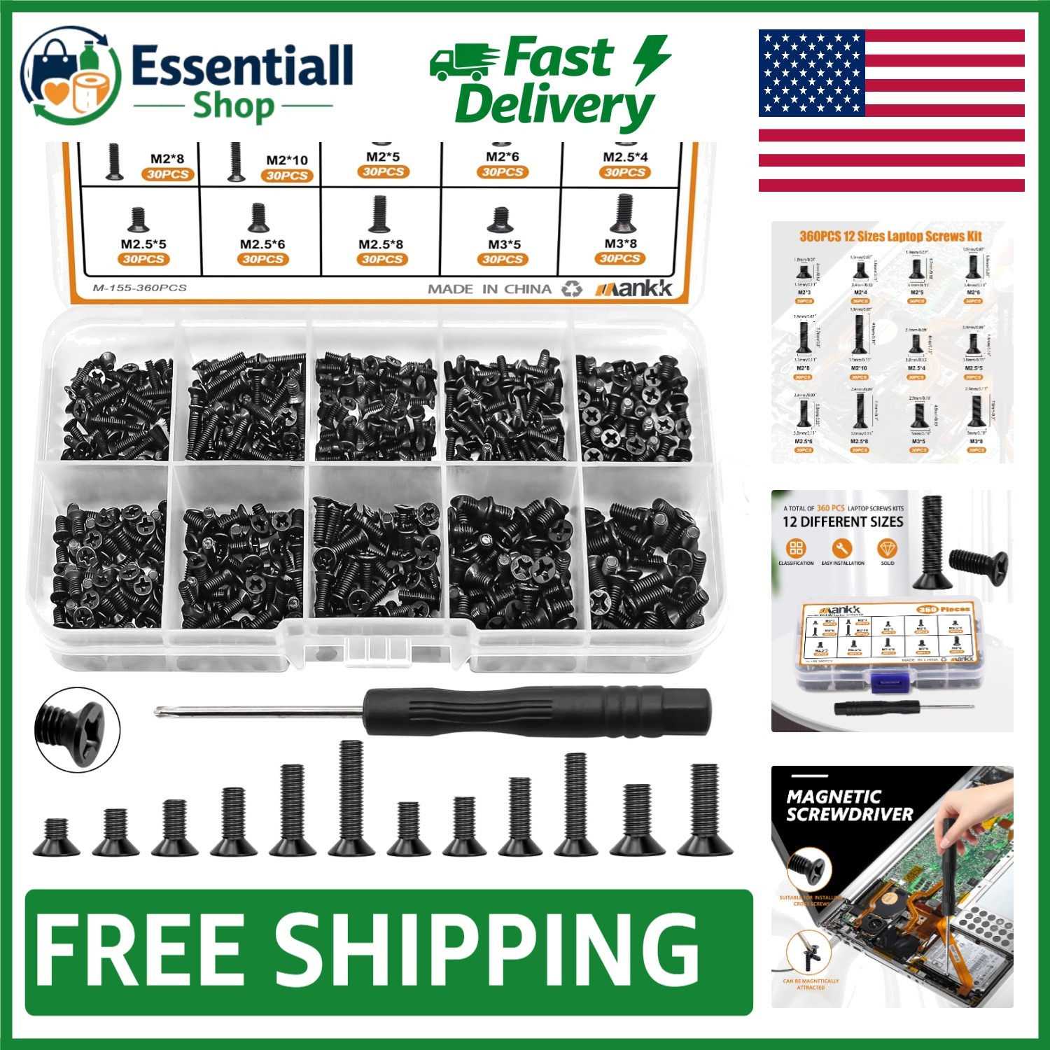 360-Piece Laptop Screws Kit - 12 Sizes M2 M2.5 M3 with Magnetic Screwdriver