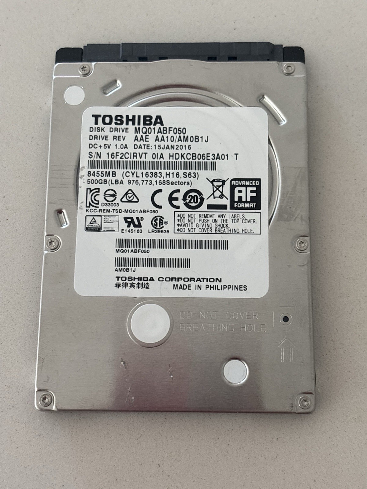 Toshiba MQ01ABF050 - 500GB Thin Laptop Hard Disk Drive HDD