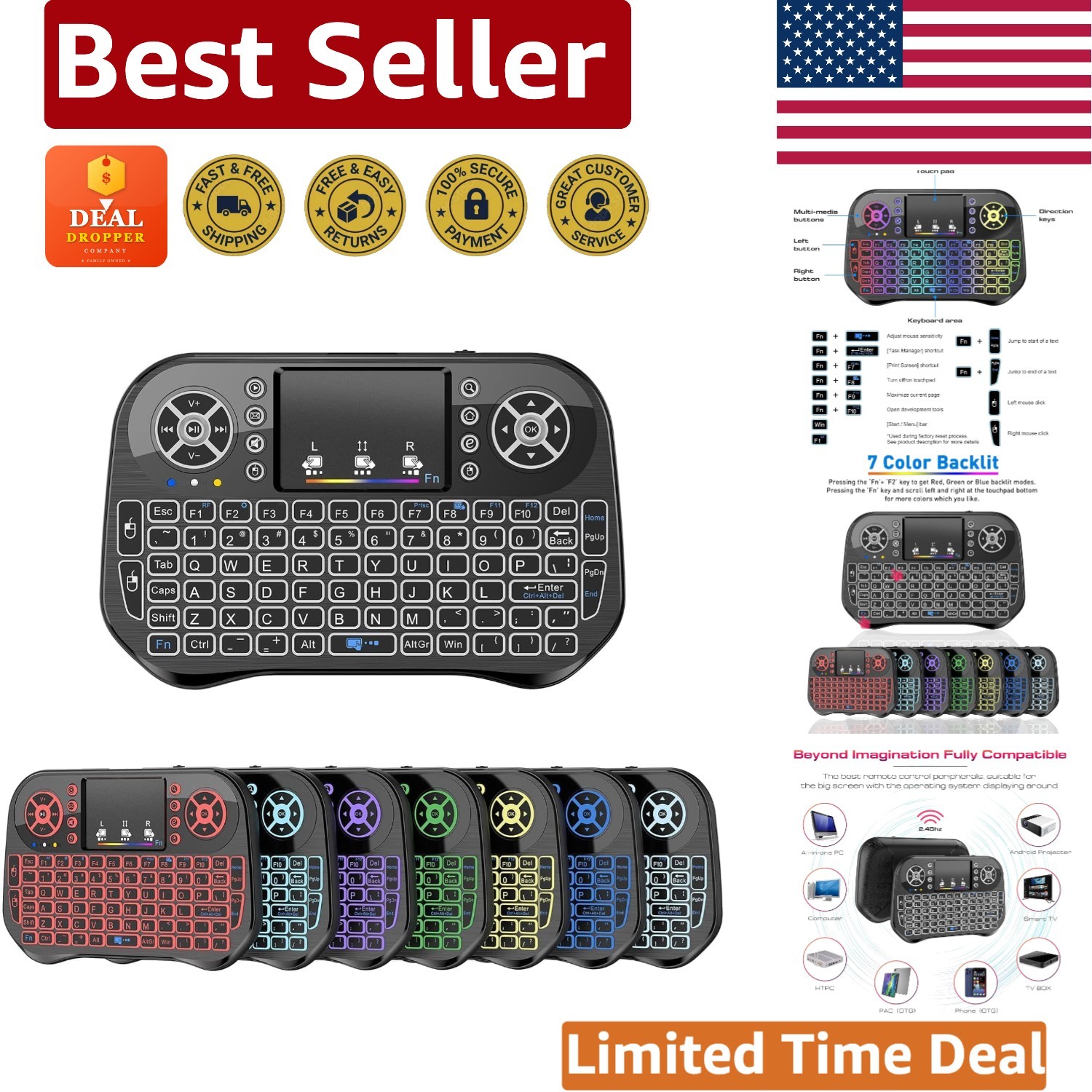 Compact 2.4GHz Mini Wireless Keyboard with Touchpad and 7-Color RGB Backlighting