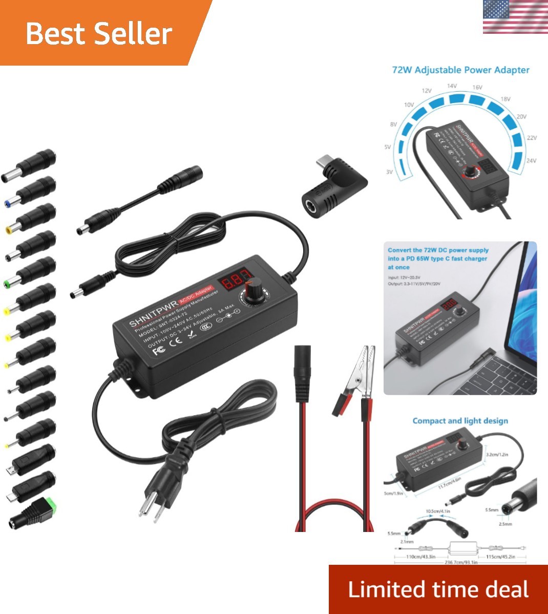 Universal 72W Power Supply Adapter DC 3-24V with USB-C Charger & Alligator Clips