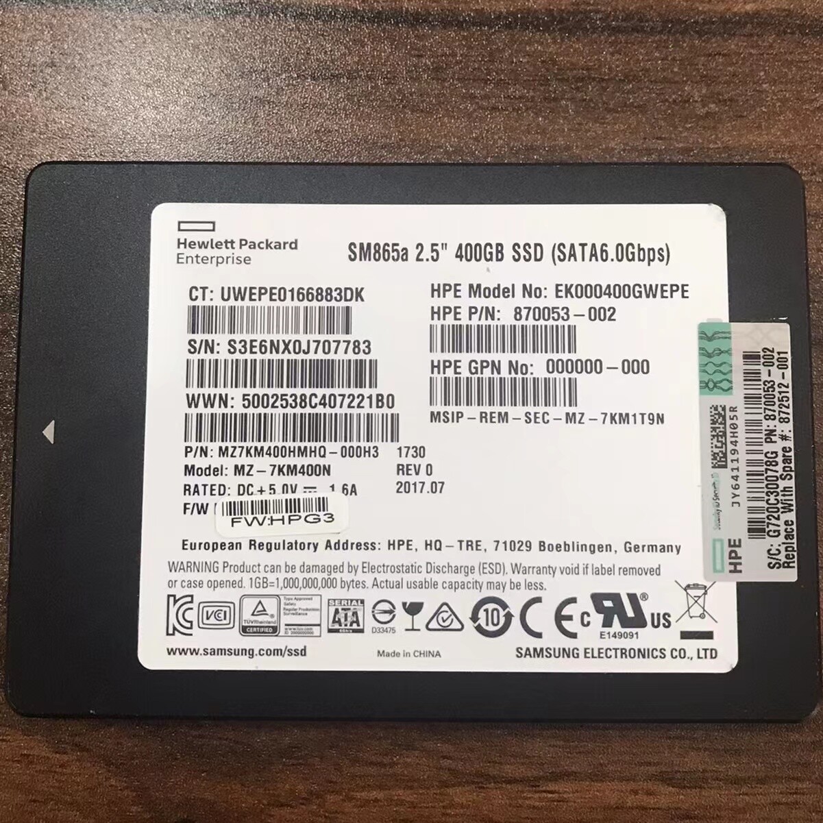 400GB SamSung SM865a SSD SATA MLC EK000400GWEPE MZ7KM400HMHQ-000H3 MZ-7KM400N