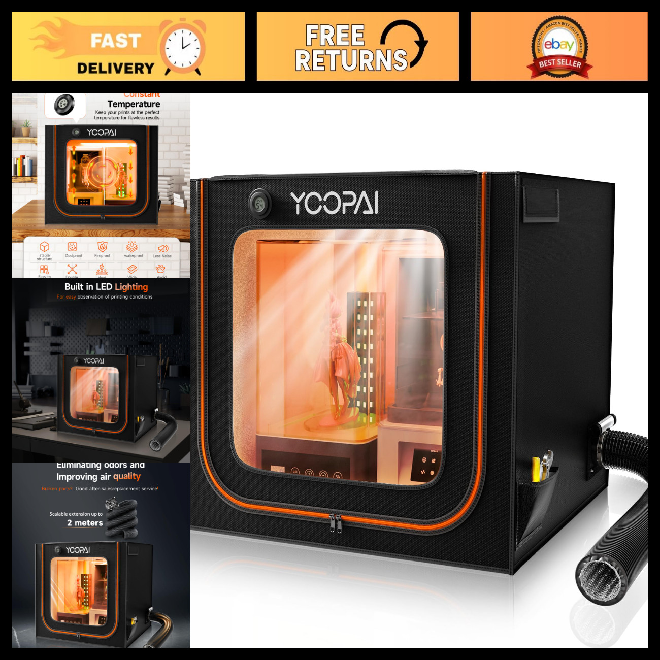 Large 3D Printer Enclosure with Ventilation Kit & LED Light - Resin Safe, Durabl