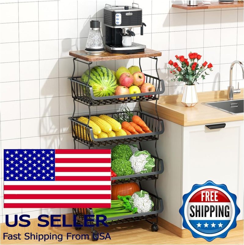 5 Tier Metal Wire Storage Basket with Wheels for Kitchen & Pantry Organization