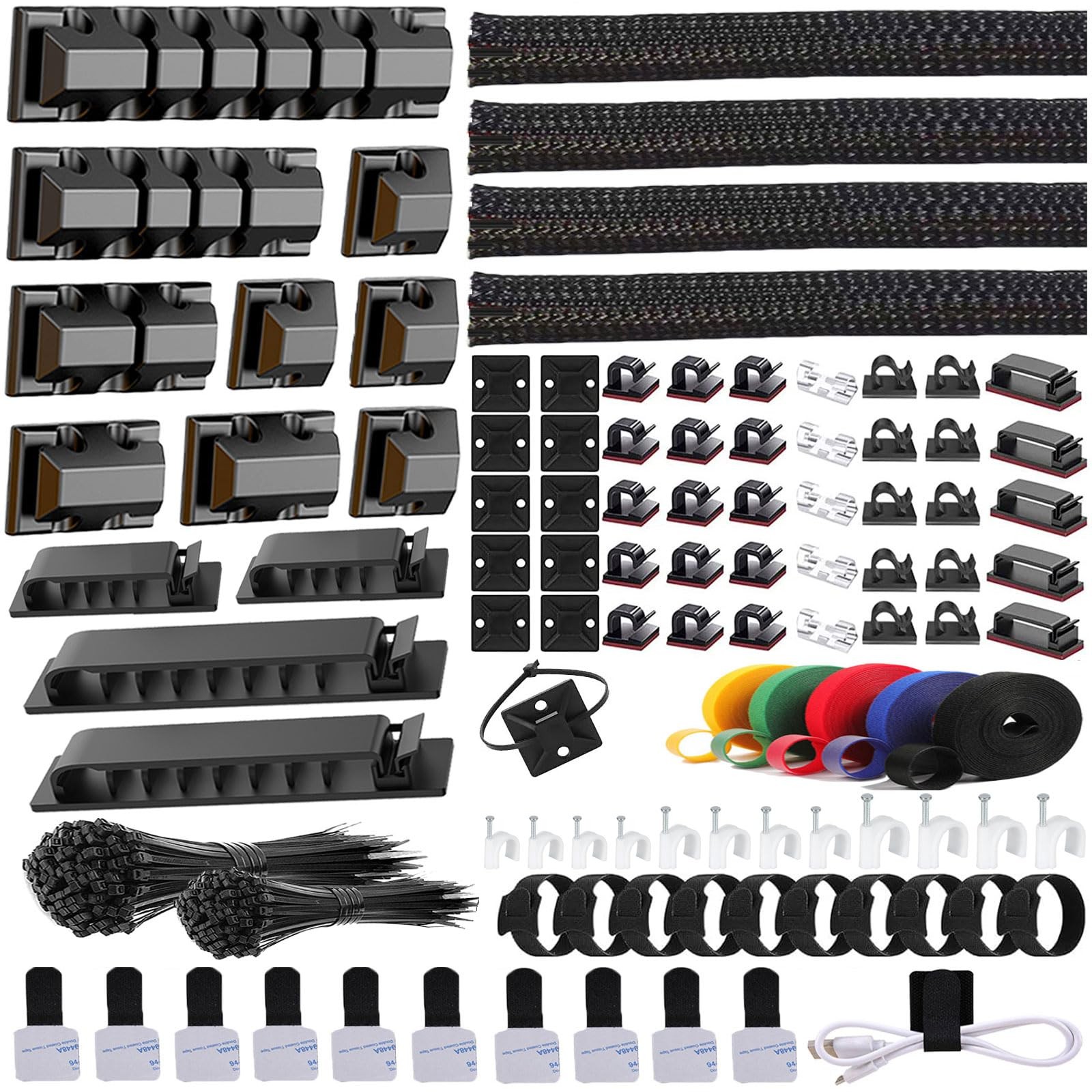 ELII 327 PCS Cable Management Kit 4 Sleeves,65 Clips Black