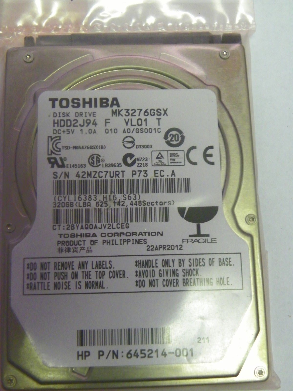 Toshiba MK3276GSX (HDD2J94 F VL01 T) 010 A0/GS001C Laptop 320GB 2.5" SATA HDD