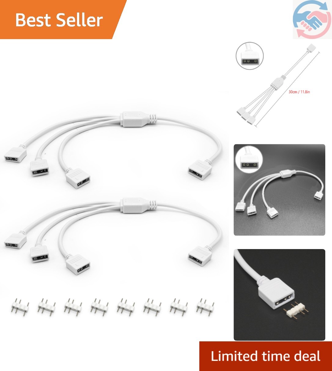 2PCS White ARGB Spliter Cables, 5V 3-Pin Addressable RGB 1-to-3 Y Spliter Cab...