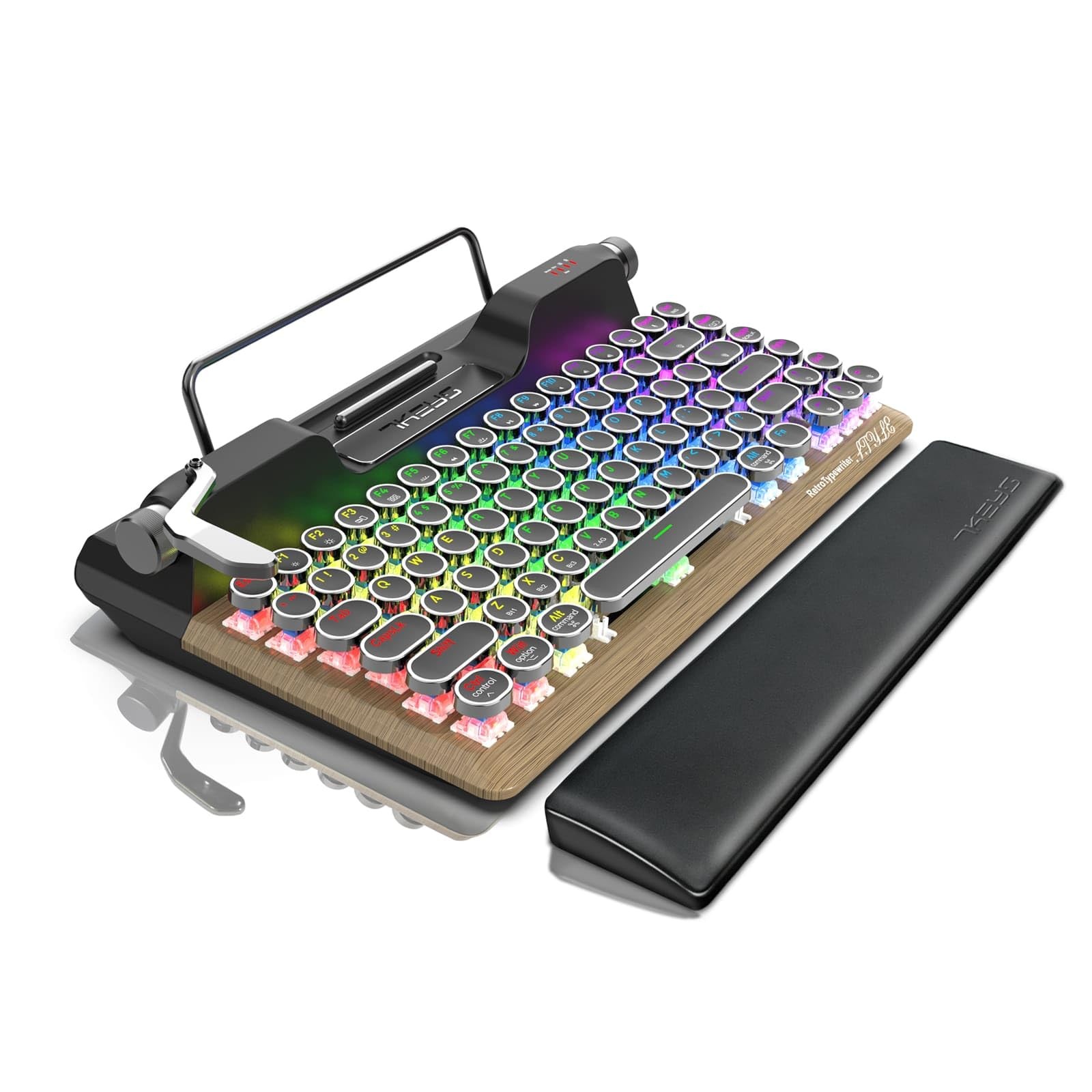 7KEYS Retro Typewriter Mechanical Gaming Keyboard, 13*6*2in, Wood+Palm Rest 