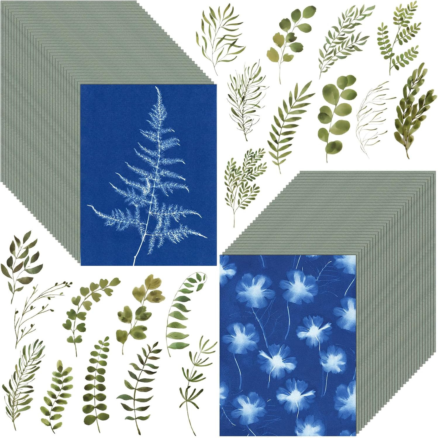 60 PCS Cyanotype Sun Print Kit, A5 Sensitive Solar Art Paper Kit with 20 Pcs Lea