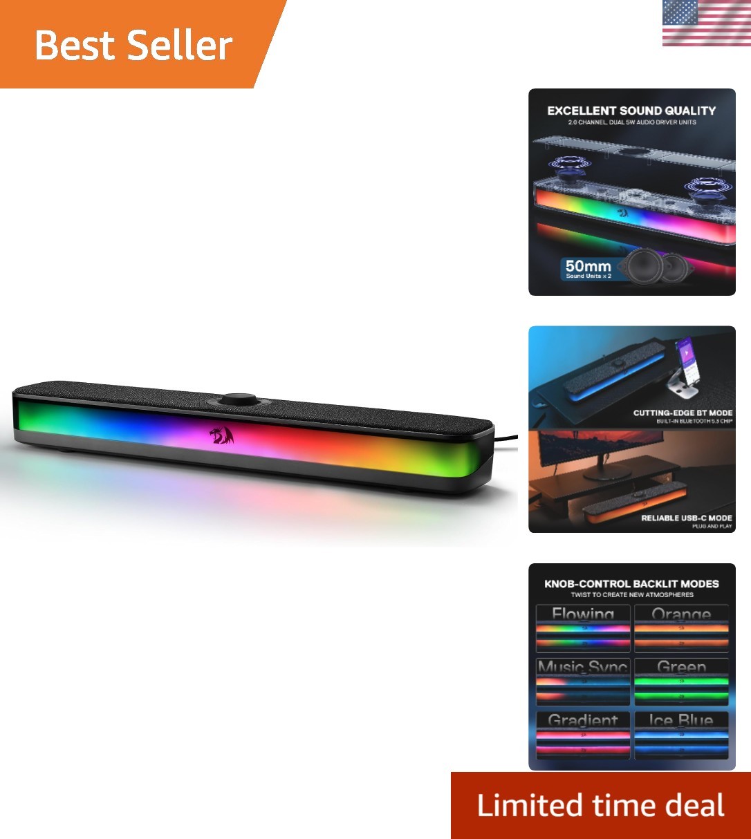 GS515 RGB Desktop Soundbar, 2.0 Stereo Enhanced Sound, BT 5.3