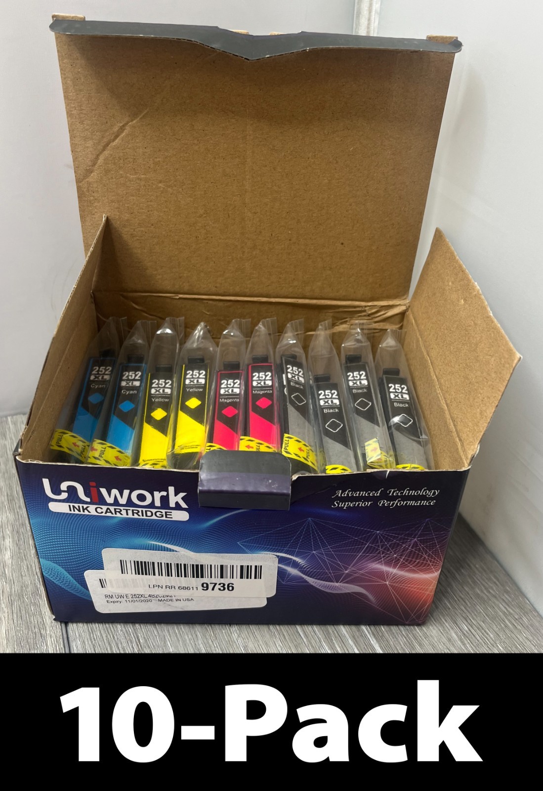 10-Pack Uniwork 252XL Reman. Ink For Epson: Cyan Magenta Yellow Black Exp 11/20