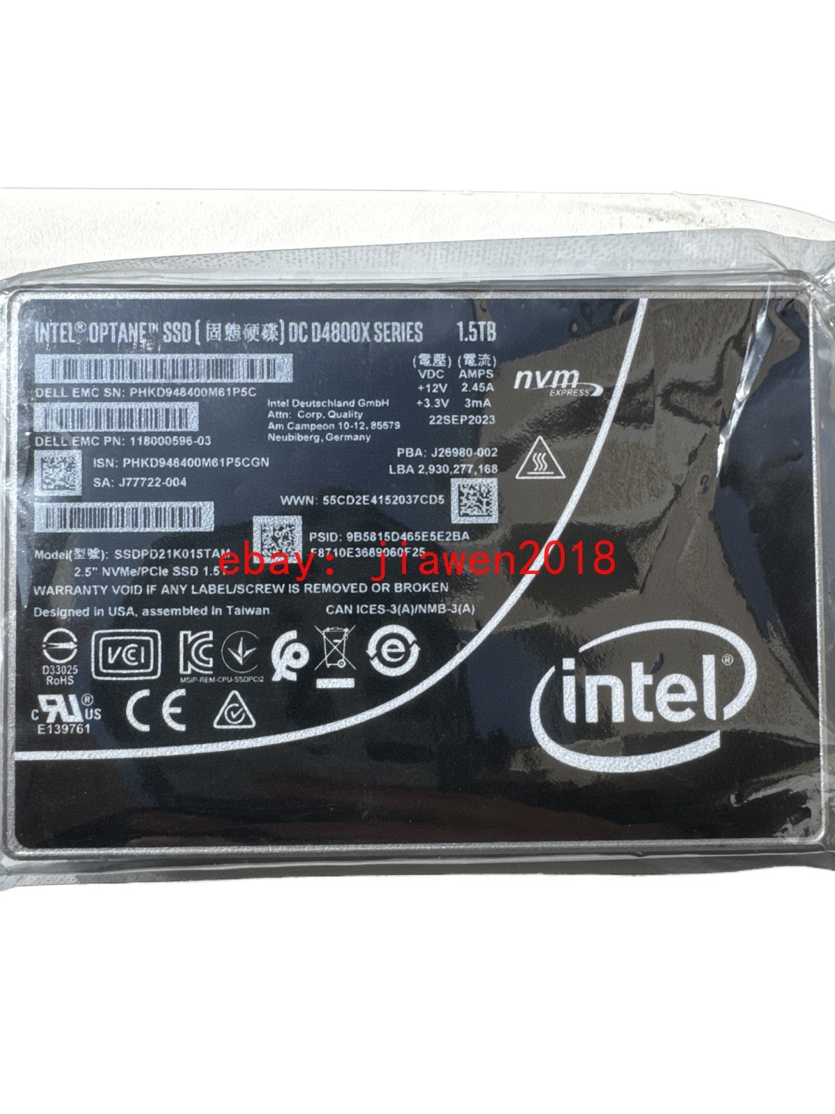 EMC Intel 1.5TB Optane DC D4800X U.2 NVMe PCIe 3.0 SSD SSDPD21K015TAM 2.5”